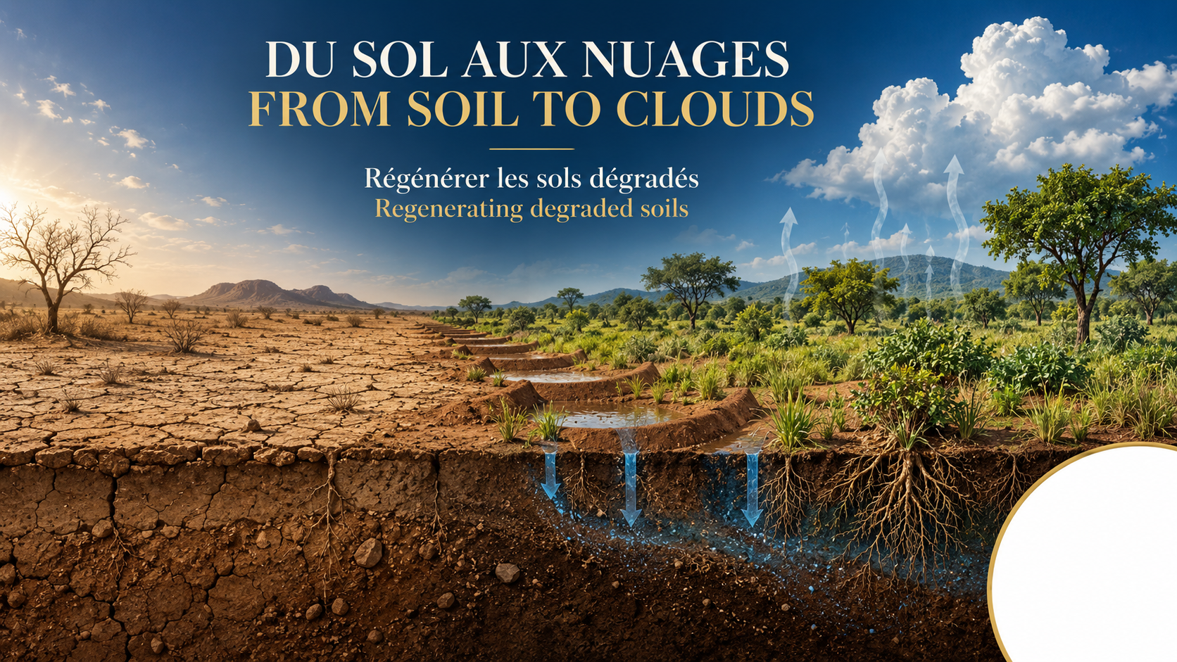 Illustration bilingue montrant le passage d’un sol sahélien dégradé à un paysage restauré, avec infiltration de l’eau, retour de la végétation, évapotranspiration et formation de nuages.