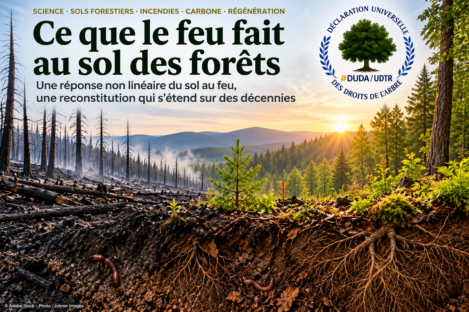 Illustration montrant une forêt après incendie, avec des arbres brûlés, une végétation en régénération et une coupe du sol révélant les racines et la matière organique forestière.