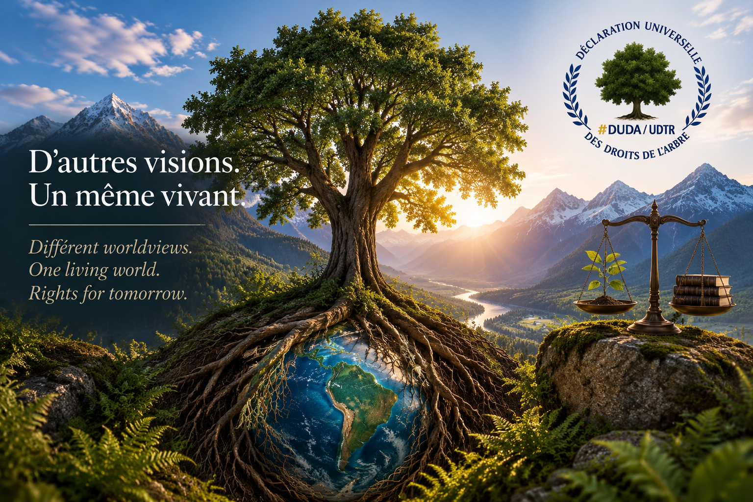Illustration représentant un arbre majestueux enraciné dans la Terre, symbole des relations entre le vivant, les droits de la Nature et la Déclaration universelle des droits de l’Arbre, avec une référence aux différentes visions du monde et à la recherche d’une protection juridique du vivant.