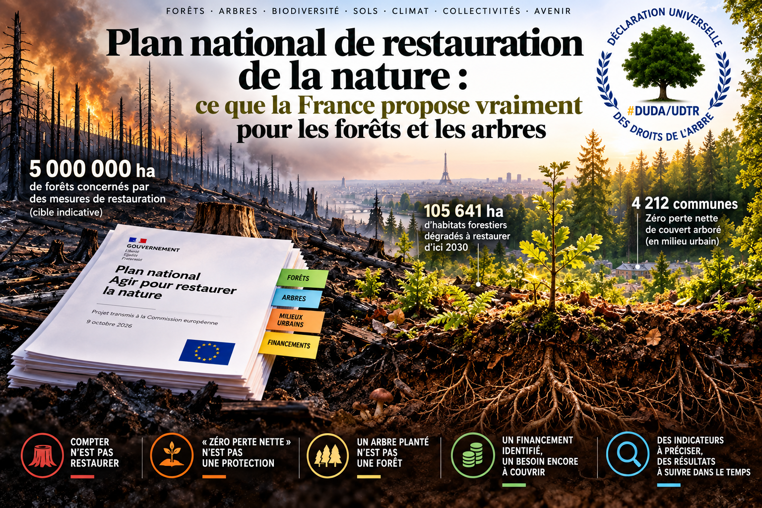 Illustration du Plan national de restauration de la nature montrant une forêt incendiée, une forêt en régénération, Paris en arrière-plan, des chiffres clés du plan français et le logo de la Déclaration universelle des droits de l’Arbre.