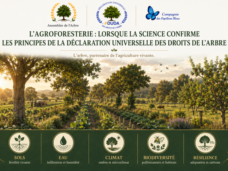 Paysage agroforestier illustrant l’arbre comme partenaire de l’agriculture vivante, en lien avec la Déclaration universelle des droits de l’Arbre.