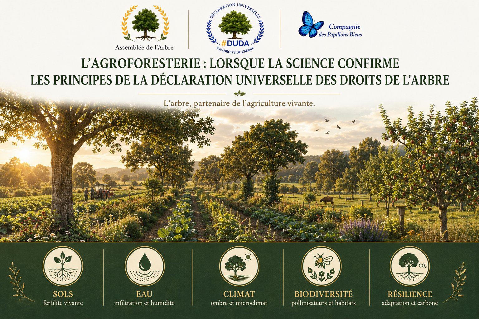 Paysage agroforestier illustrant l’arbre comme partenaire de l’agriculture vivante, en lien avec la Déclaration universelle des droits de l’Arbre.