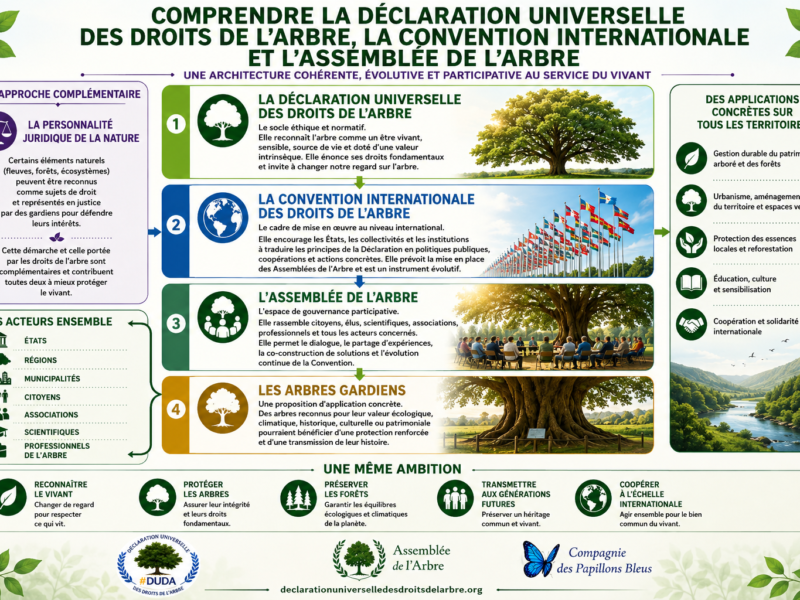 Infographie présentant la Déclaration universelle des droits de l'Arbre, la Convention internationale des droits de l'Arbre, l'Assemblée de l'Arbre et les Arbres Gardiens, ainsi que leurs applications au service du vivant.