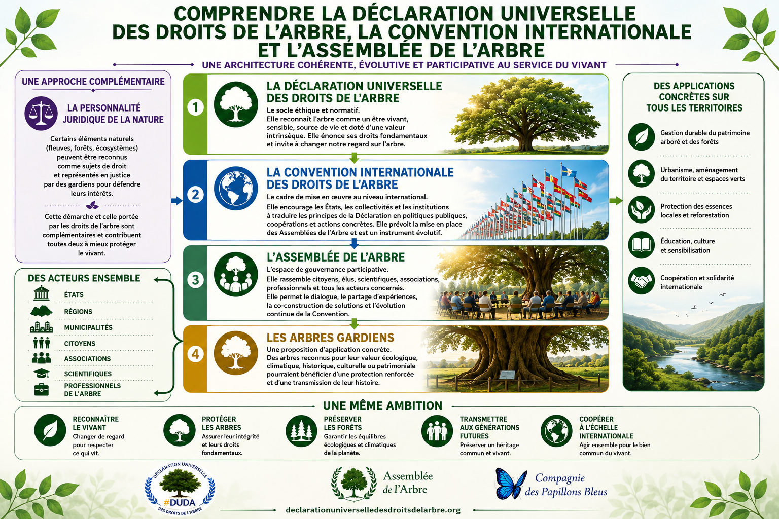 Infographie présentant la Déclaration universelle des droits de l'Arbre, la Convention internationale des droits de l'Arbre, l'Assemblée de l'Arbre et les Arbres Gardiens, ainsi que leurs applications au service du vivant.