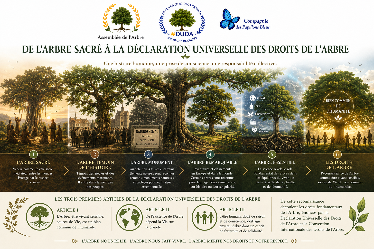 Fresque historique illustrant l'évolution du regard porté sur l'arbre, depuis les arbres sacrés jusqu'à la Déclaration Universelle des Droits de l'Arbre et la reconnaissance de l'arbre comme bien commun de l'humanité.