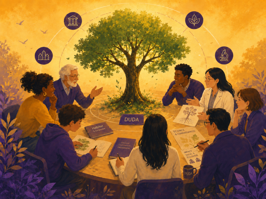 Enfants, citoyens, chercheurs et représentants d’organisations réunis autour d’un arbre pour collaborer avec la DUDA.