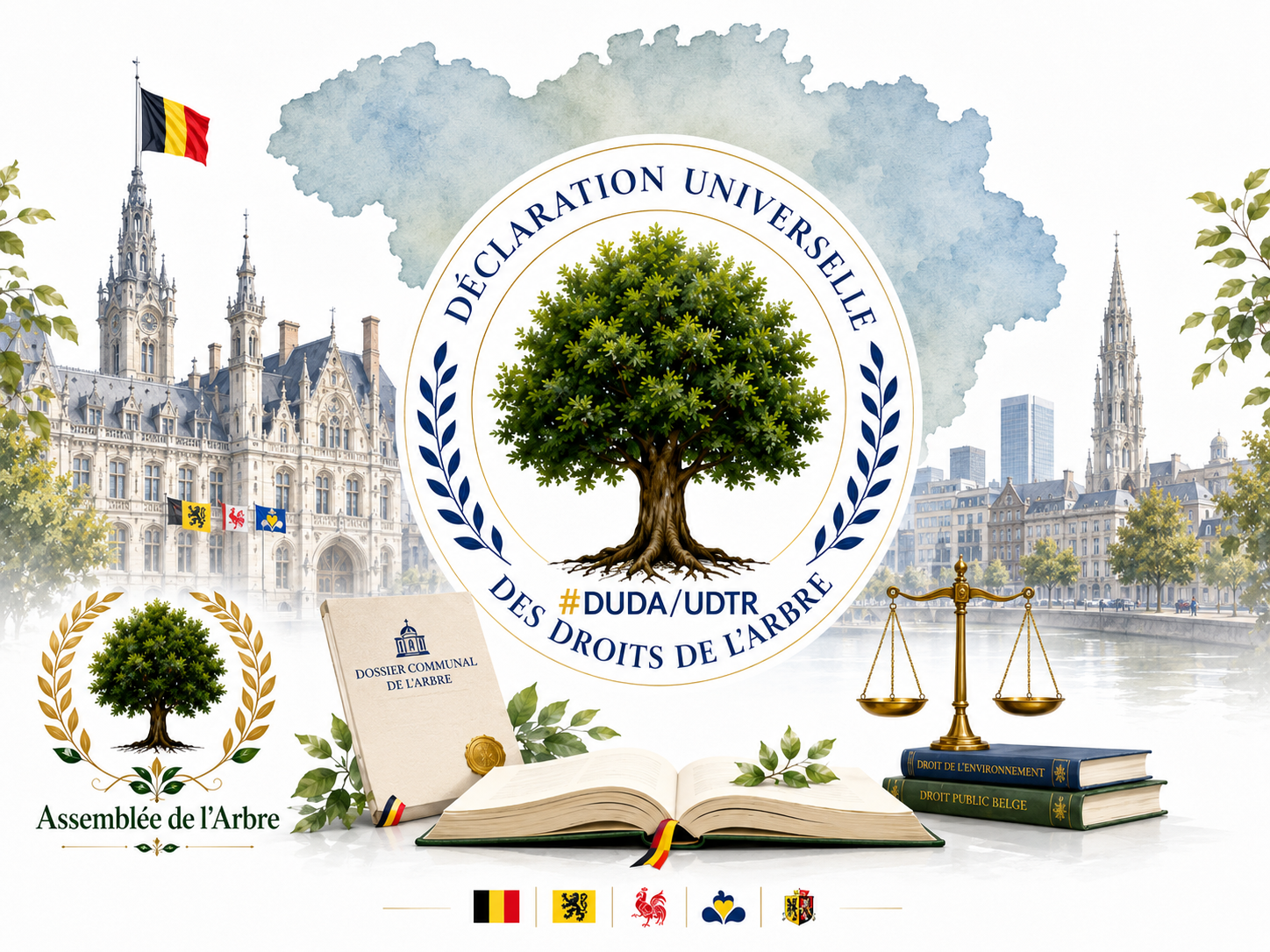 Illustration de la Déclaration Universelle des Droits de l’Arbre en Belgique, avec la carte du pays, le drapeau belge, un hôtel de ville, l’Assemblée de l’Arbre et des symboles juridiques.