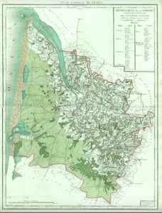 Carte ancienne du département de la Gironde montrant les districts, les cantons, les cours d’eau, les forêts et les vastes espaces de landes à la fin du XVIIIᵉ siècle.