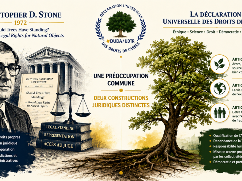 Illustration comparative entre la théorie juridique de Christopher D. Stone et la Déclaration universelle des droits de l’Arbre.