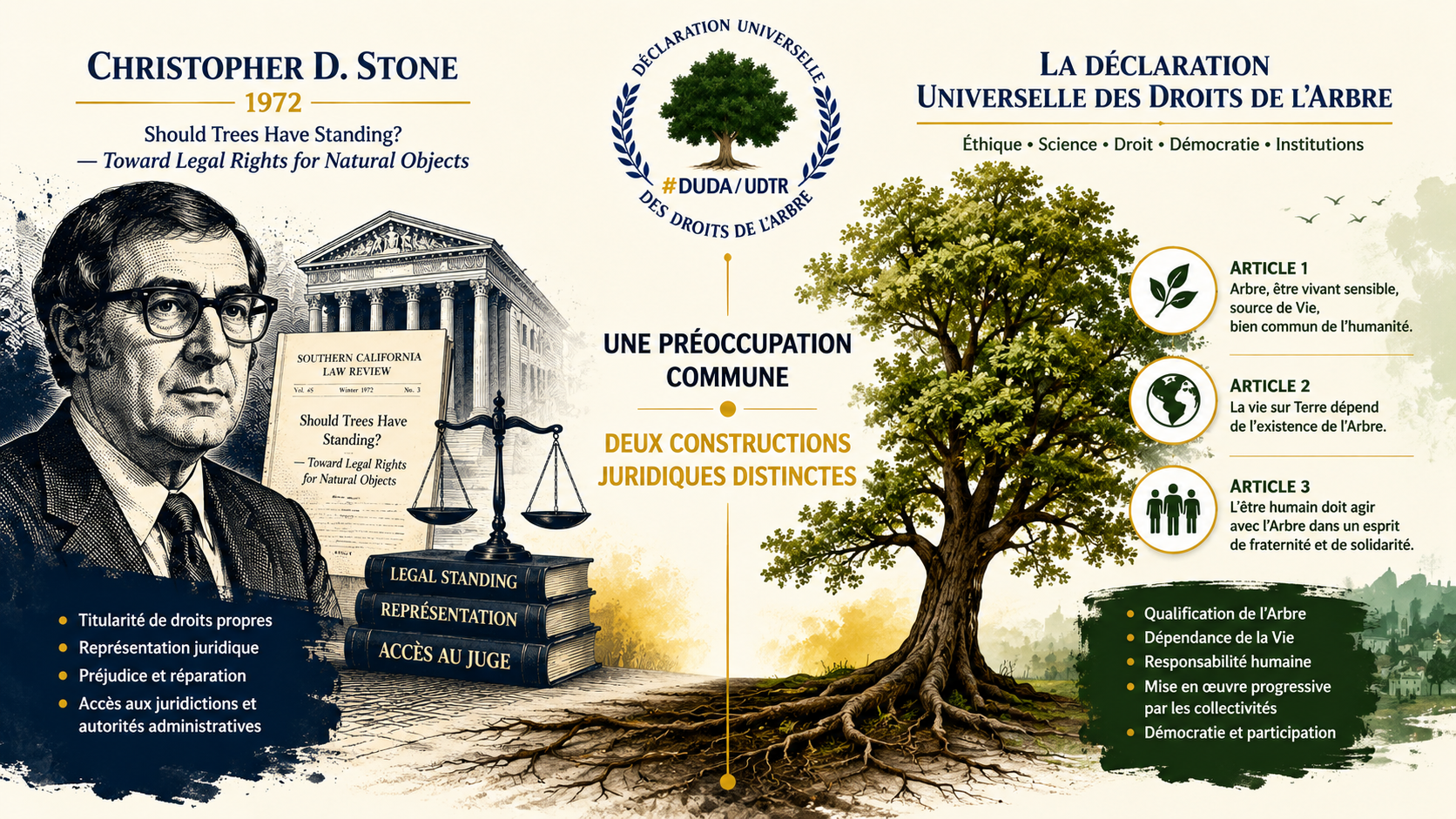 Illustration comparative entre la théorie juridique de Christopher D. Stone et la Déclaration universelle des droits de l’Arbre.