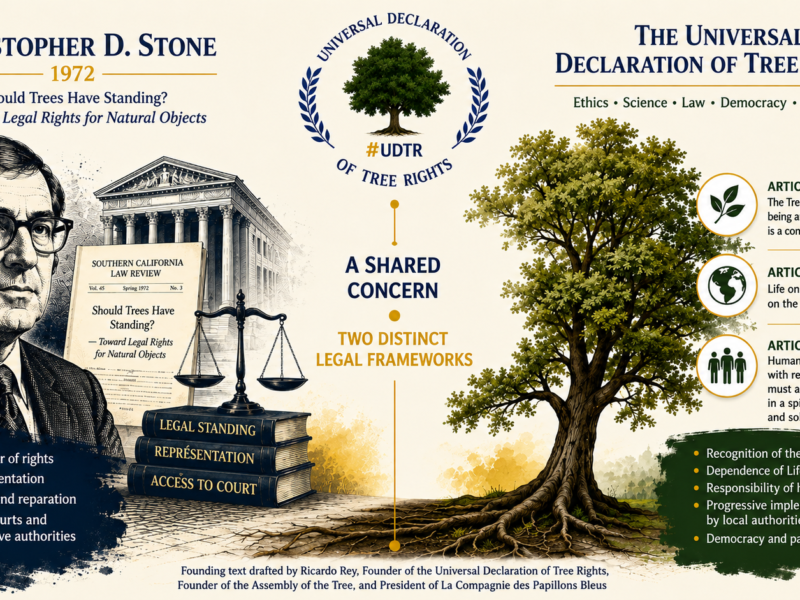 Comparative legal illustration of Christopher D. Stone’s theory and the Universal Declaration of Tree Rights, with a courthouse, scales of justice, a central Tree, and the three founding articles.