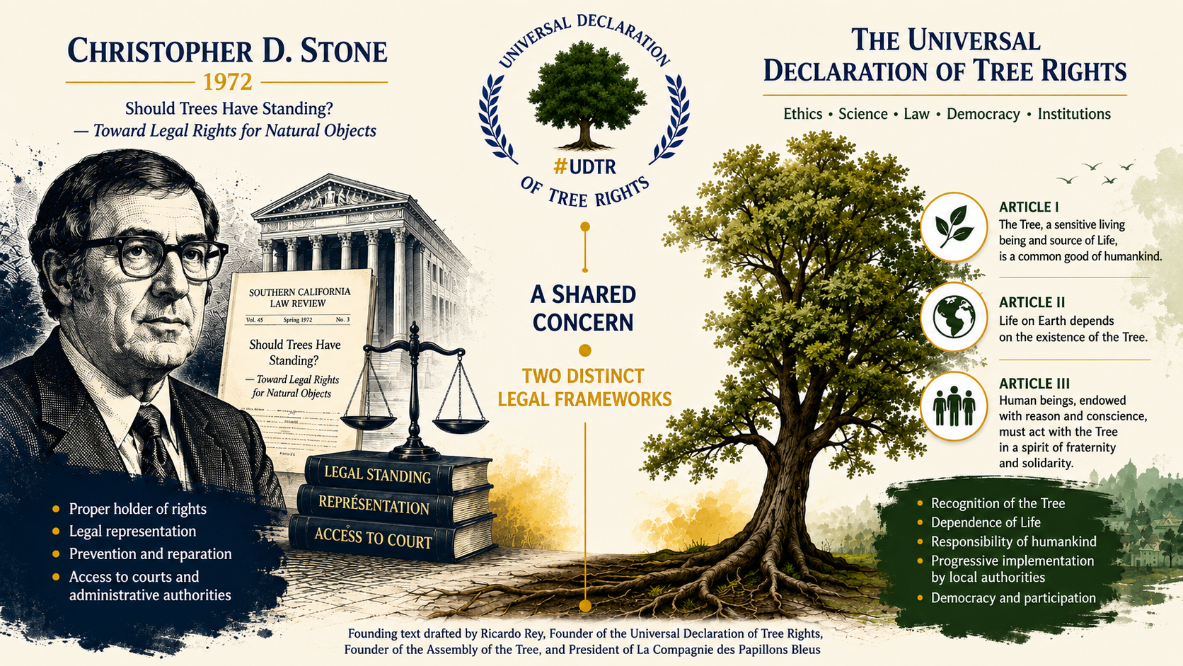Comparative legal illustration of Christopher D. Stone’s theory and the Universal Declaration of Tree Rights, with a courthouse, scales of justice, a central Tree, and the three founding articles.