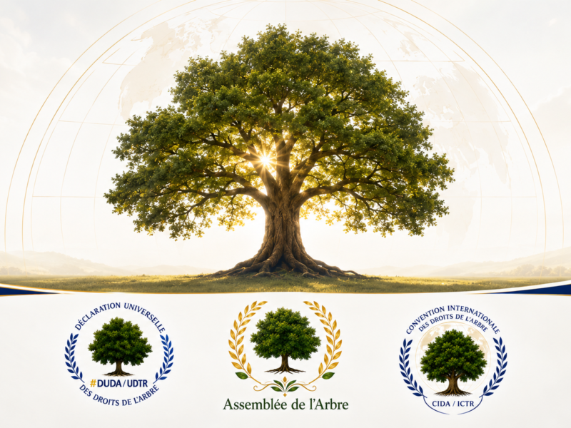 Un Arbre monumental devant un globe stylisé, accompagné des emblèmes de la DUDA, de l’Assemblée de l’Arbre et de la Convention Internationale des Droits de l’Arbre.