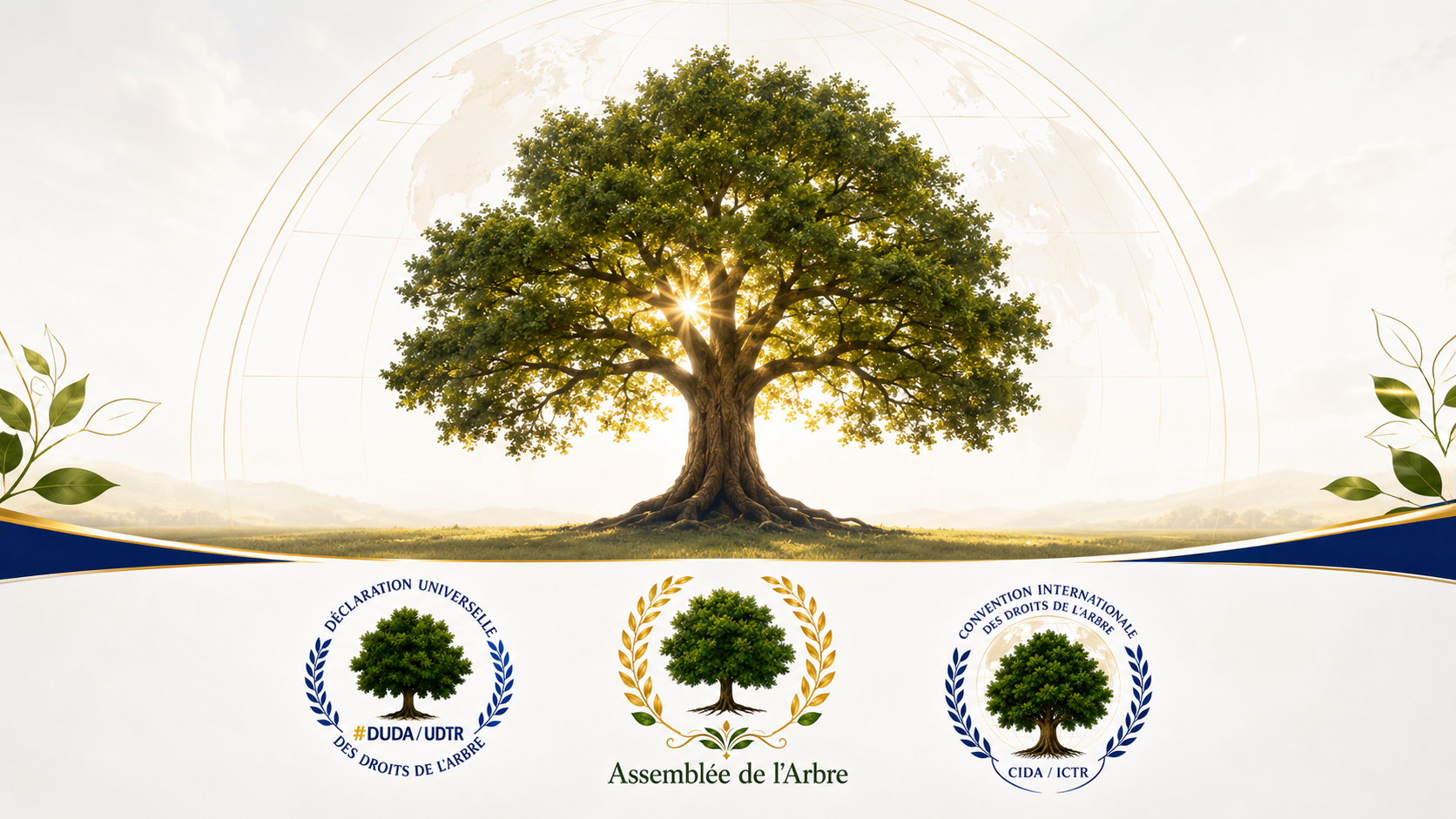 Un Arbre monumental devant un globe stylisé, accompagné des emblèmes de la DUDA, de l’Assemblée de l’Arbre et de la Convention Internationale des Droits de l’Arbre.
