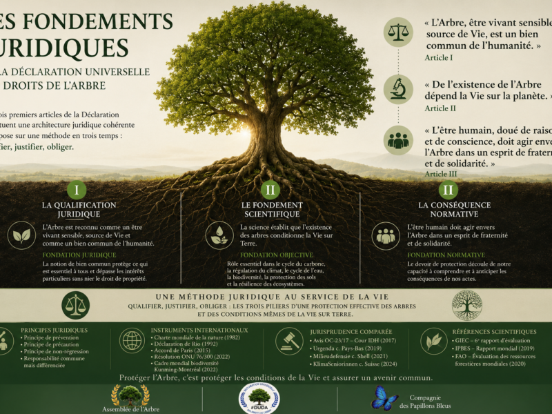 Infographie présentant les fondements juridiques de la Déclaration universelle des droits de l'Arbre : qualification juridique, fondement scientifique et conséquence normative.