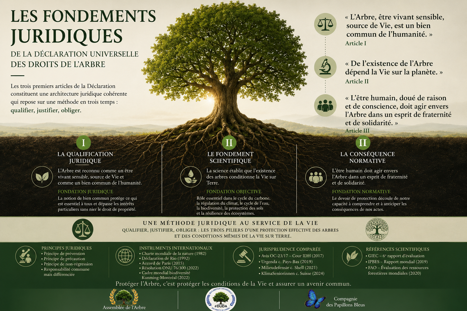 Infographie présentant les fondements juridiques de la Déclaration universelle des droits de l'Arbre : qualification juridique, fondement scientifique et conséquence normative.