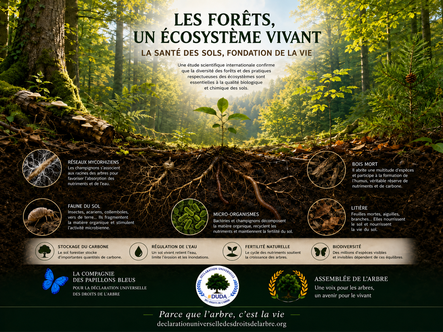 Illustration d’une forêt vivante montrant les racines, les micro-organismes, la faune du sol, le bois mort et les cycles écologiques essentiels à la santé des sols forestiers.