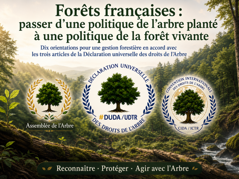llustration d’une forêt française avec les logos de la DUDA, de l’Assemblée de l’Arbre et de la Convention internationale des droits de l’Arbre