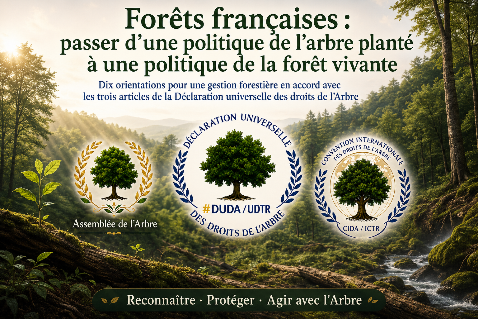 llustration d’une forêt française avec les logos de la DUDA, de l’Assemblée de l’Arbre et de la Convention internationale des droits de l’Arbre