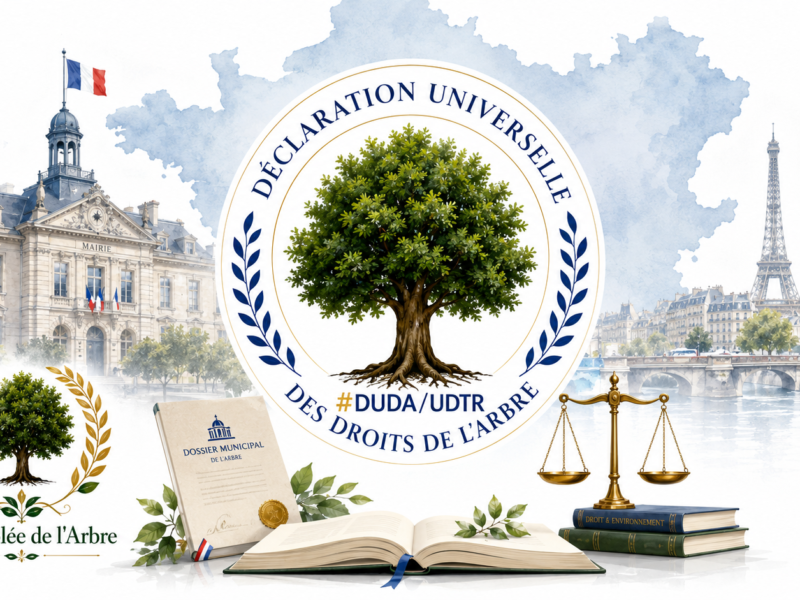 Illustration de la Déclaration universelle des droits de l’Arbre en France, avec une mairie, la carte de France, un arbre, l’Assemblée de l’Arbre et les symboles du droit.