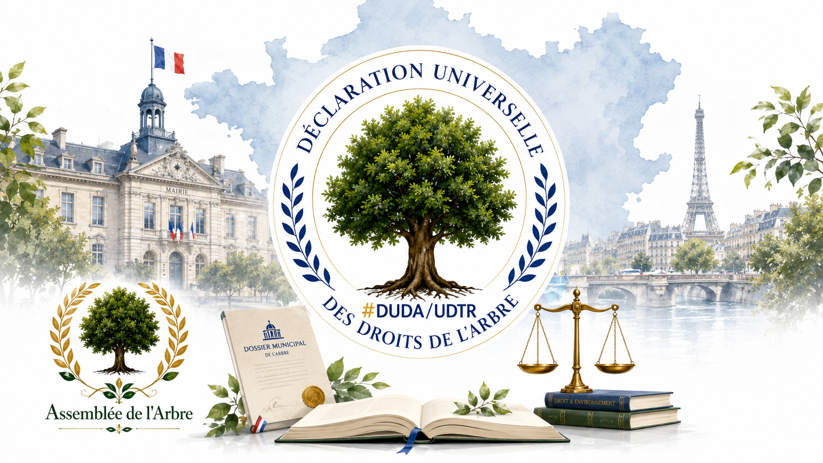 Illustration de la Déclaration universelle des droits de l’Arbre en France, avec une mairie, la carte de France, un arbre, l’Assemblée de l’Arbre et les symboles du droit.