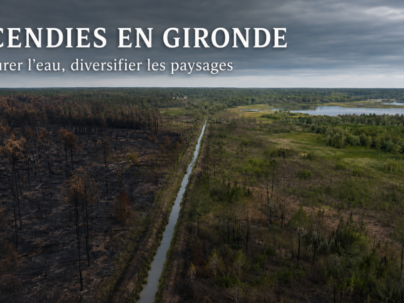 Vue aérienne d’un paysage forestier après un incendie, avec une zone de pins brûlés, une craste centrale et, à droite, des milieux humides et une végétation en régénération.