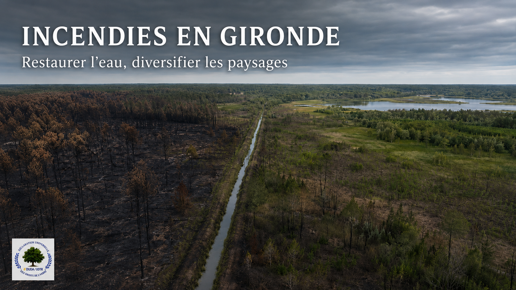 Vue aérienne d’un paysage forestier après un incendie, avec une zone de pins brûlés, une craste centrale et, à droite, des milieux humides et une végétation en régénération.