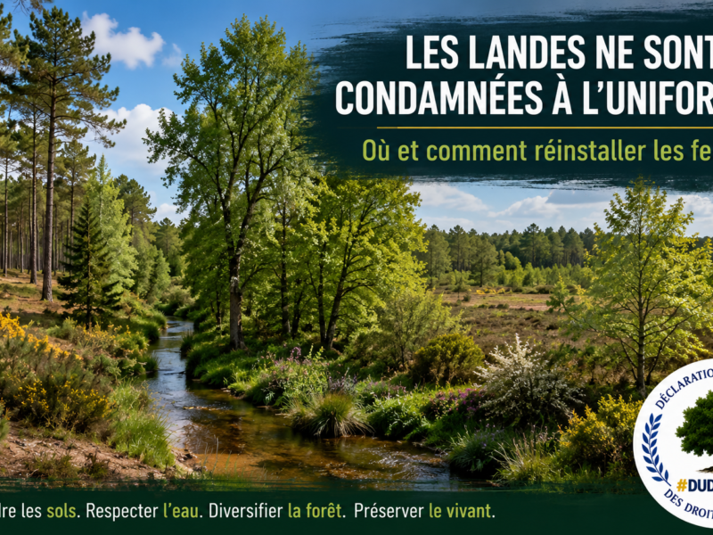 Paysage des Landes de Gascogne associant pins maritimes, feuillus et corridor humide, avec le logo de la Déclaration universelle des droits de l’Arbre.