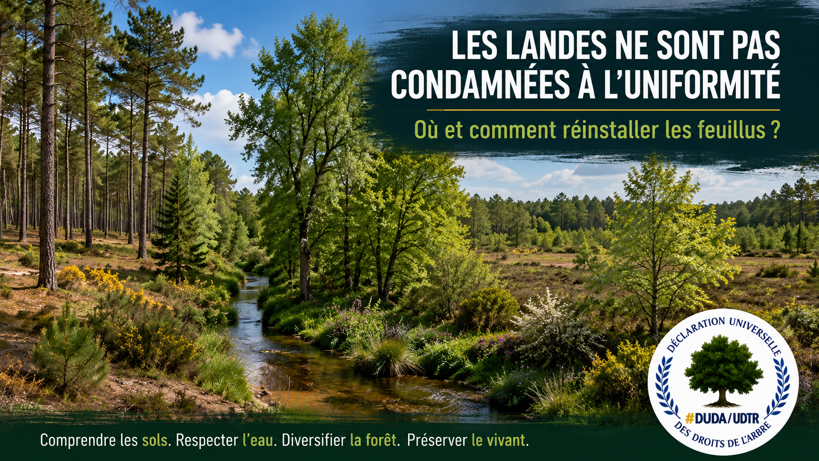 Paysage des Landes de Gascogne associant pins maritimes, feuillus et corridor humide, avec le logo de la Déclaration universelle des droits de l’Arbre.