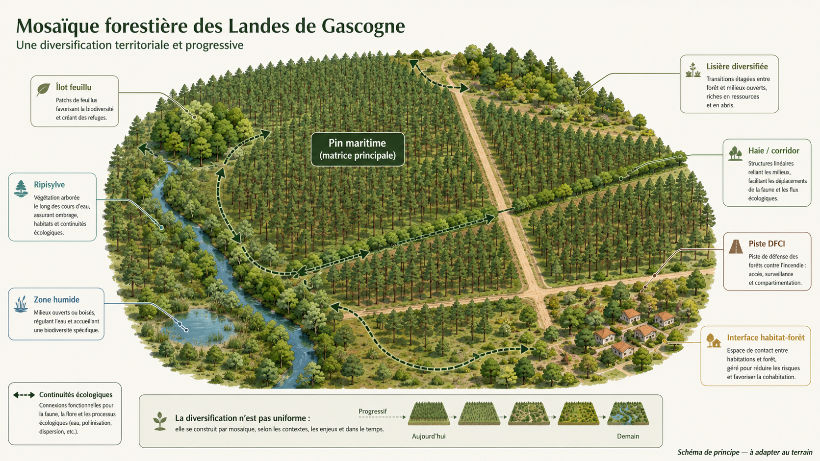 Construire une mosaïque forestière dans les Landes de Gascogne Schéma d’une mosaïque forestière associant pin maritime, îlots feuillus, ripisylve, zone humide, haies, piste DFCI et habitations.