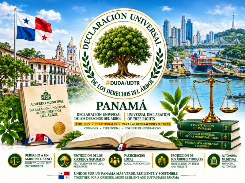 Ilustración institucional sobre la adopción de la Declaración Universal de los Derechos del Árbol por las autoridades locales de Panamá, con el mapa y la bandera de Panamá, un árbol, el Canal de Panamá, la balanza de la justicia y los principales fundamentos jurídicos ambientales y municipales. / Institutional illustration concerning the adoption of the Universal Declaration of Tree Rights by local authorities in Panama, featuring the map and flag of Panama, a tree, the Panama Canal, the scales of justice, and the principal environmental and municipal legal foundations.