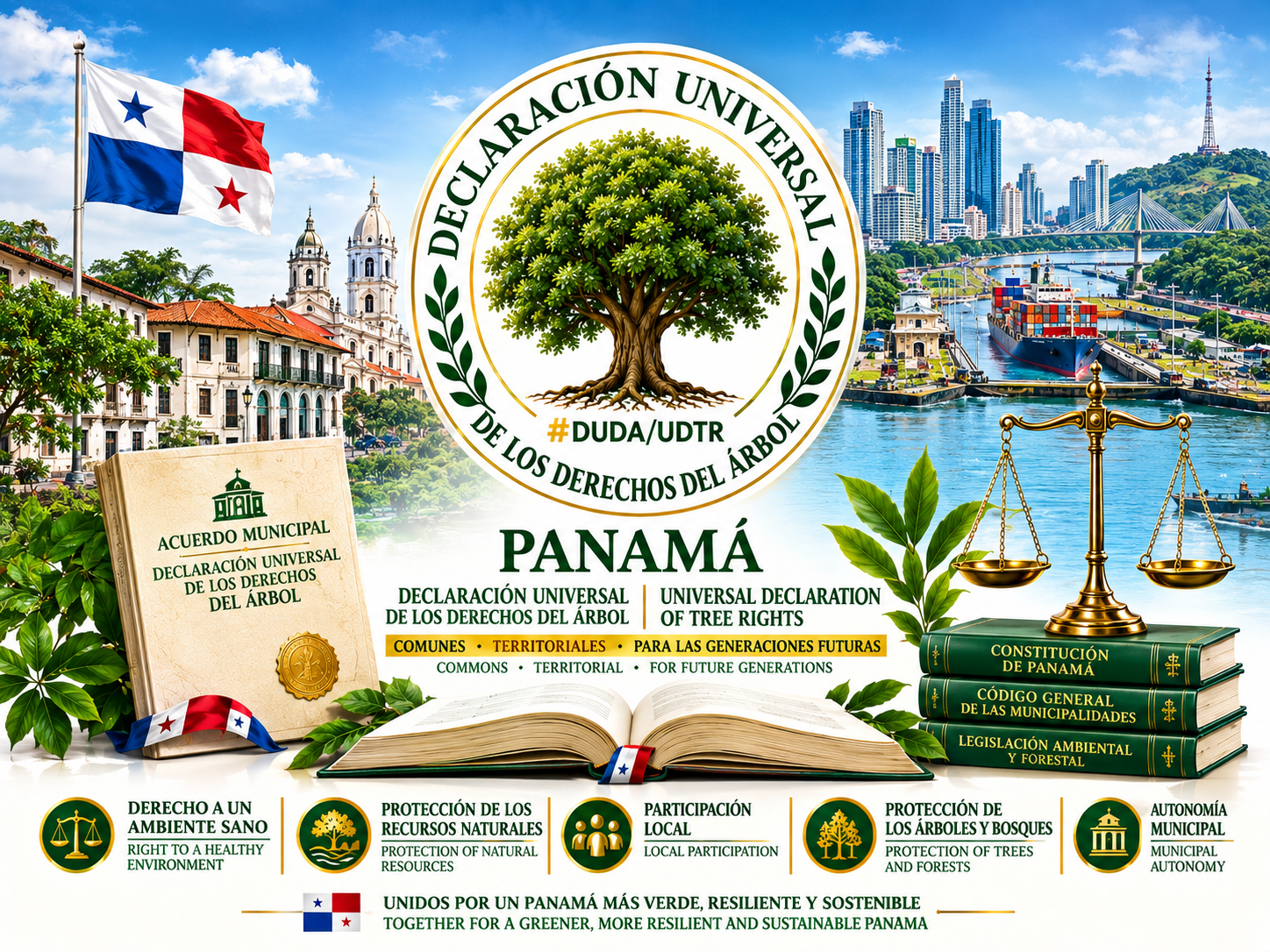 Ilustración institucional sobre la adopción de la Declaración Universal de los Derechos del Árbol por las autoridades locales de Panamá, con el mapa y la bandera de Panamá, un árbol, el Canal de Panamá, la balanza de la justicia y los principales fundamentos jurídicos ambientales y municipales. / Institutional illustration concerning the adoption of the Universal Declaration of Tree Rights by local authorities in Panama, featuring the map and flag of Panama, a tree, the Panama Canal, the scales of justice, and the principal environmental and municipal legal foundations.