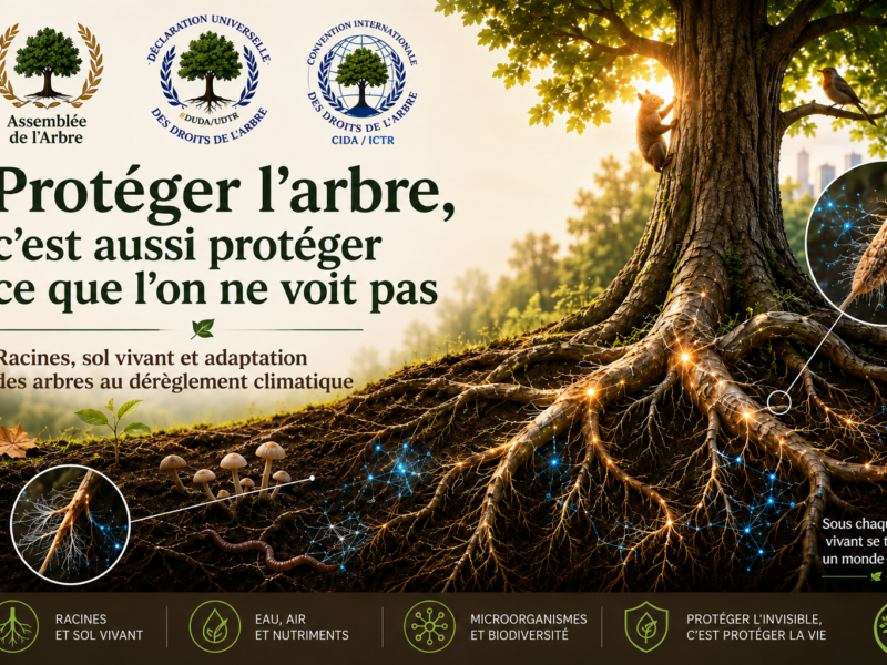 llustration d’un arbre et de son réseau racinaire dans un sol vivant, avec des champignons, des microorganismes et les logos de la Déclaration universelle des droits de l’Arbre, de la Convention internationale des droits de l’Arbre et de l’Assemblée de l’Arbre.