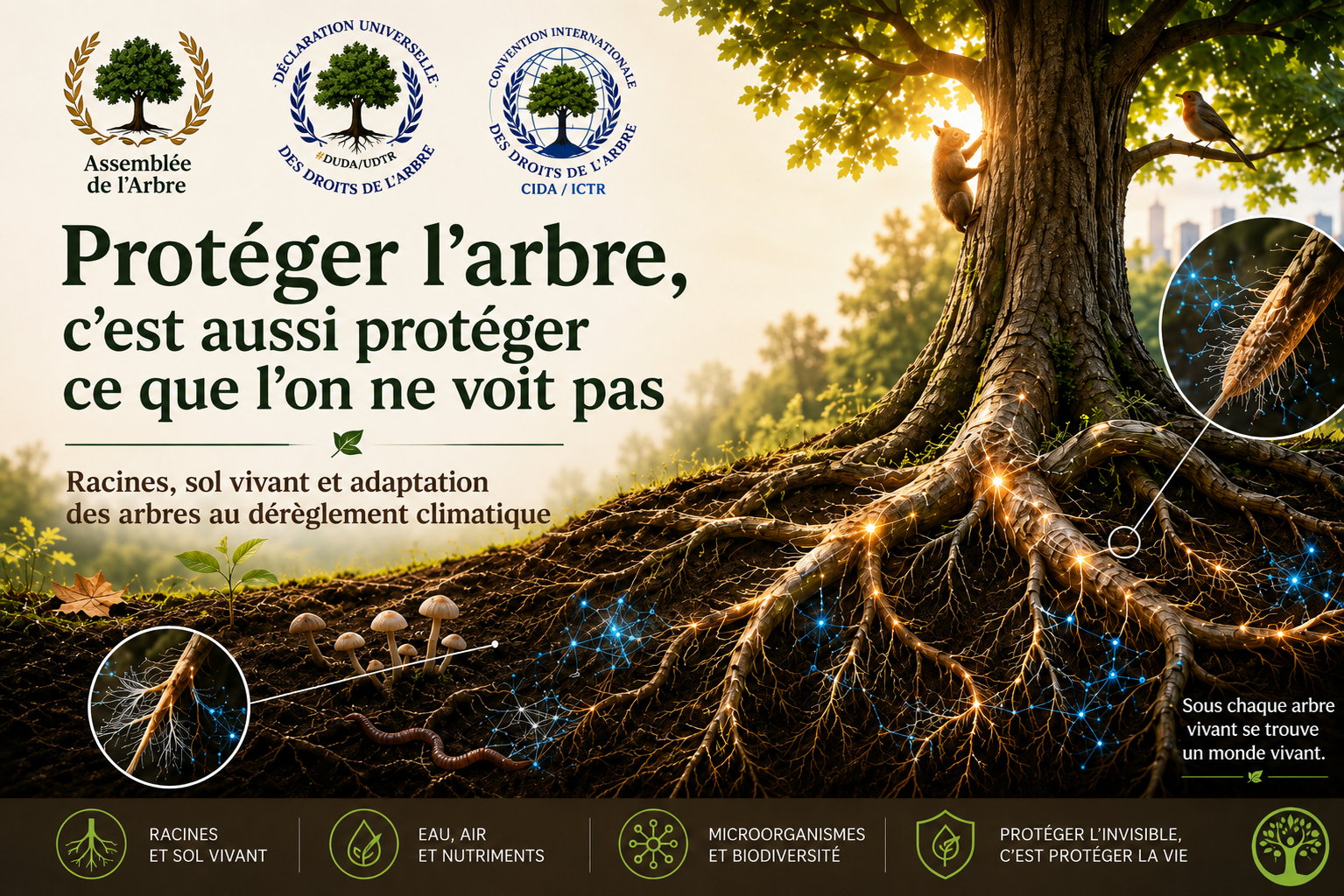 llustration d’un arbre et de son réseau racinaire dans un sol vivant, avec des champignons, des microorganismes et les logos de la Déclaration universelle des droits de l’Arbre, de la Convention internationale des droits de l’Arbre et de l’Assemblée de l’Arbre.