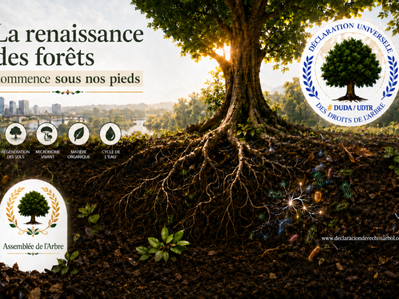 Coupe d’un sol forestier vivant montrant les racines d’un grand arbre, les microorganismes, les champignons et la matière organique qui participent à la régénération des forêts.