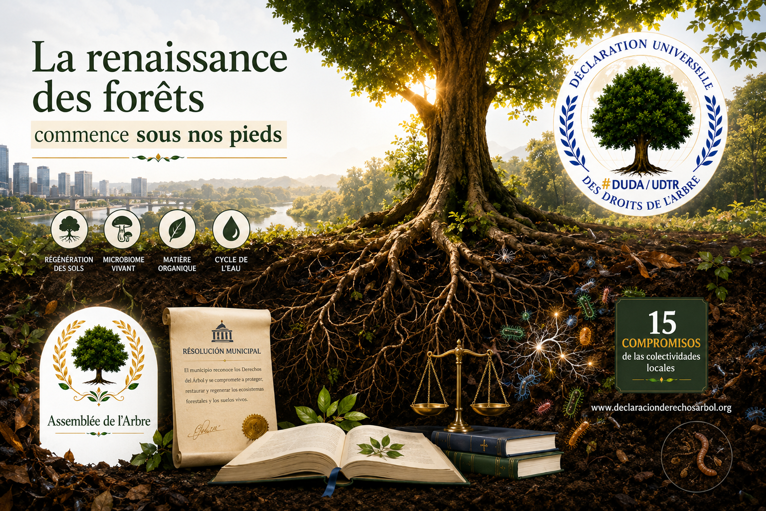 Coupe d’un sol forestier vivant montrant les racines d’un grand arbre, les microorganismes, les champignons et la matière organique qui participent à la régénération des forêts.