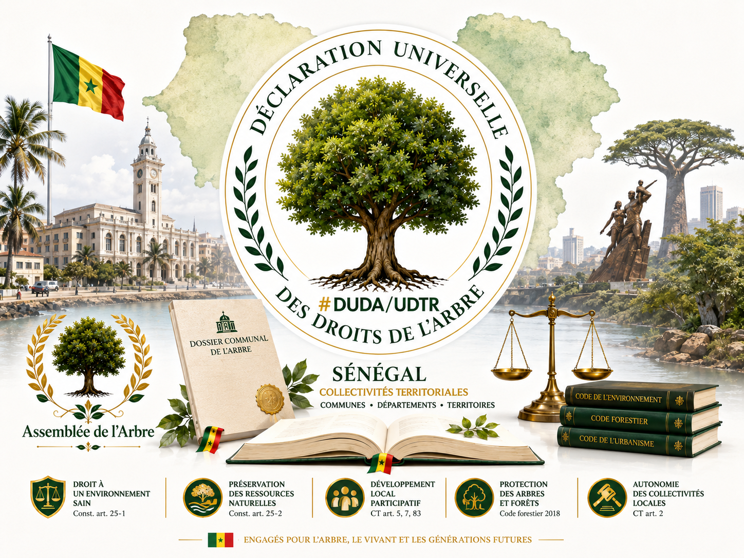 Illustration de la Déclaration Universelle des Droits de l’Arbre au Sénégal, avec la carte du pays, le drapeau sénégalais, Dakar, l’Assemblée de l’Arbre et des symboles juridiques et environnementaux.