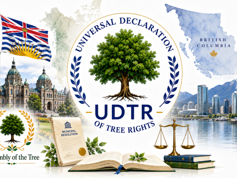 Universal Declaration of Tree Rights illustrated with British Columbia landmarks, the provincial flag, a municipal resolution and the Assembly of the Tree