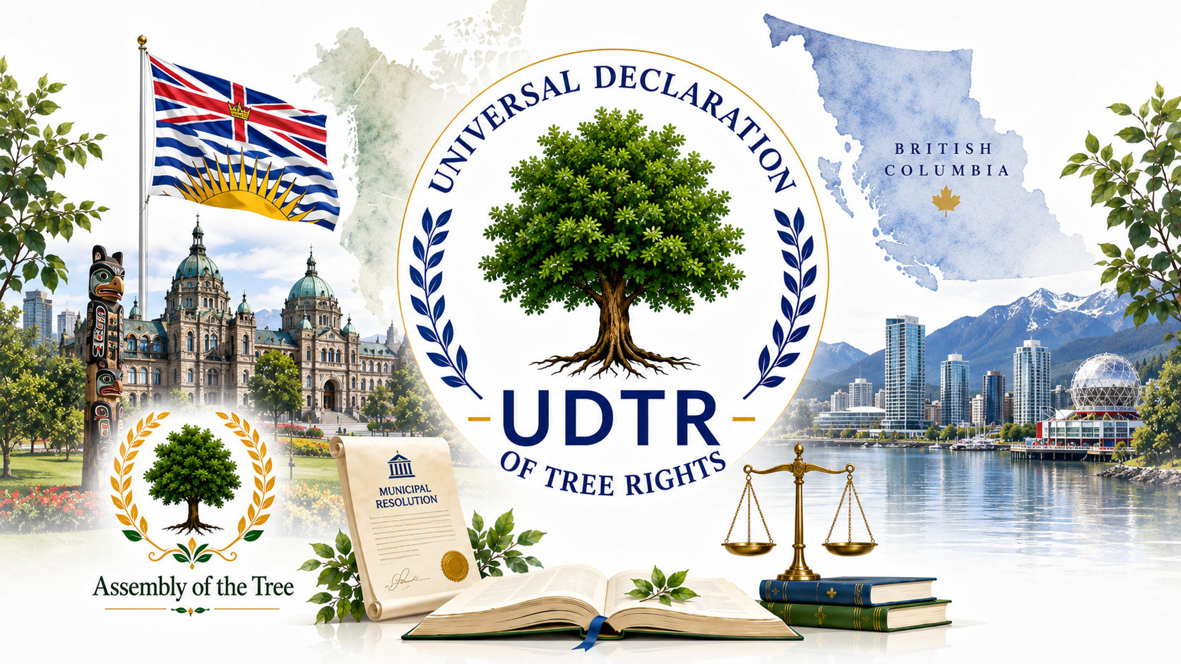 Universal Declaration of Tree Rights illustrated with British Columbia landmarks, the provincial flag, a municipal resolution and the Assembly of the Tree