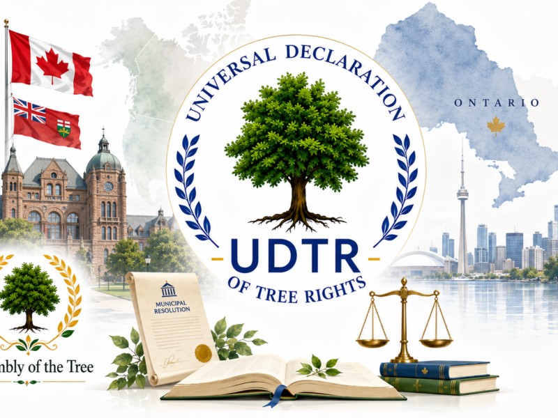 Universal Declaration of Tree Rights and Assembly of the Tree in Ontario and Canada, with Canadian and Ontario flags, a municipal resolution and legal symbols