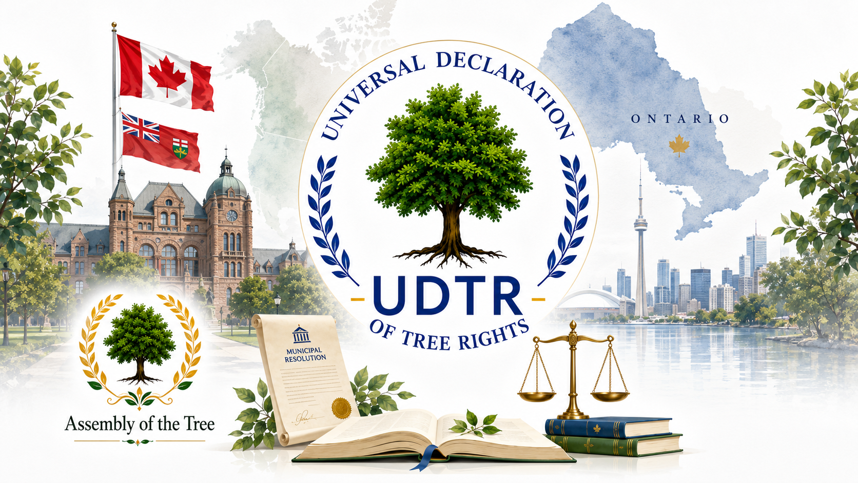 Universal Declaration of Tree Rights and Assembly of the Tree in Ontario and Canada, with Canadian and Ontario flags, a municipal resolution and legal symbols