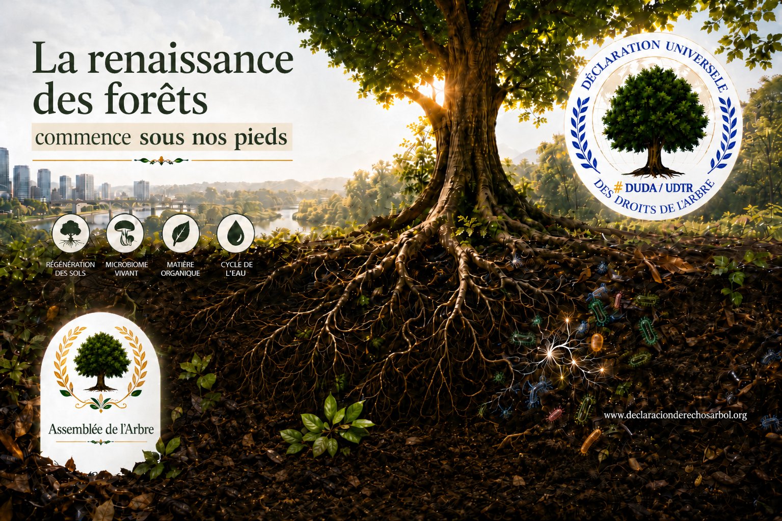 Coupe d’un sol forestier vivant montrant les racines d’un grand arbre, les microorganismes, les champignons et la matière organique qui participent à la régénération des forêts.