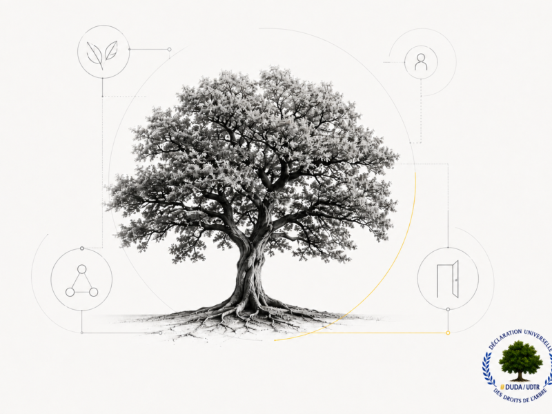 Illustration conceptuelle d’un grand arbre en noir et blanc entouré d’un schéma minimaliste évoquant les droits de l’Arbre, la personnalité juridique, la représentation et l’accès au juge.