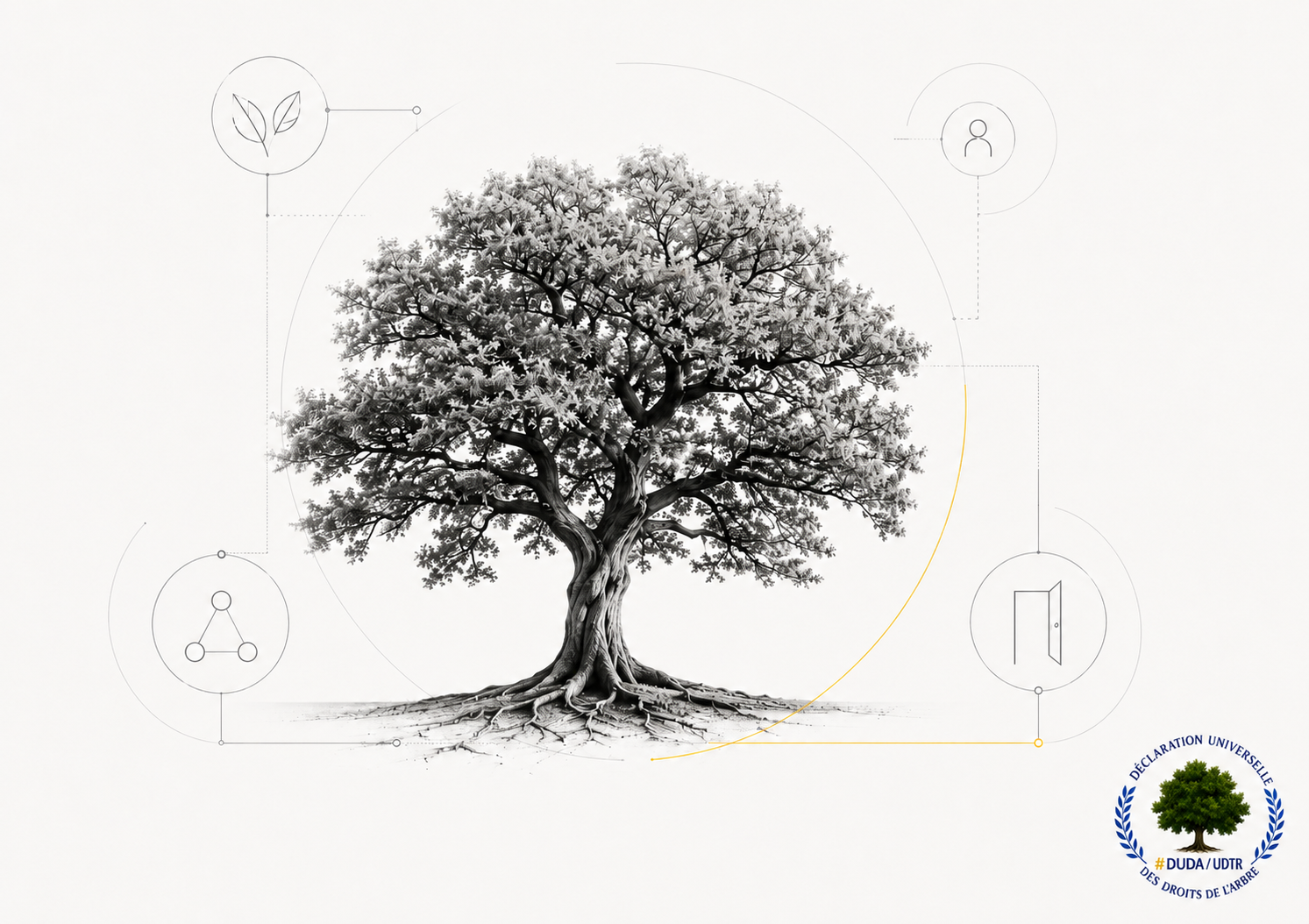 Illustration conceptuelle d’un grand arbre en noir et blanc entouré d’un schéma minimaliste évoquant les droits de l’Arbre, la personnalité juridique, la représentation et l’accès au juge.