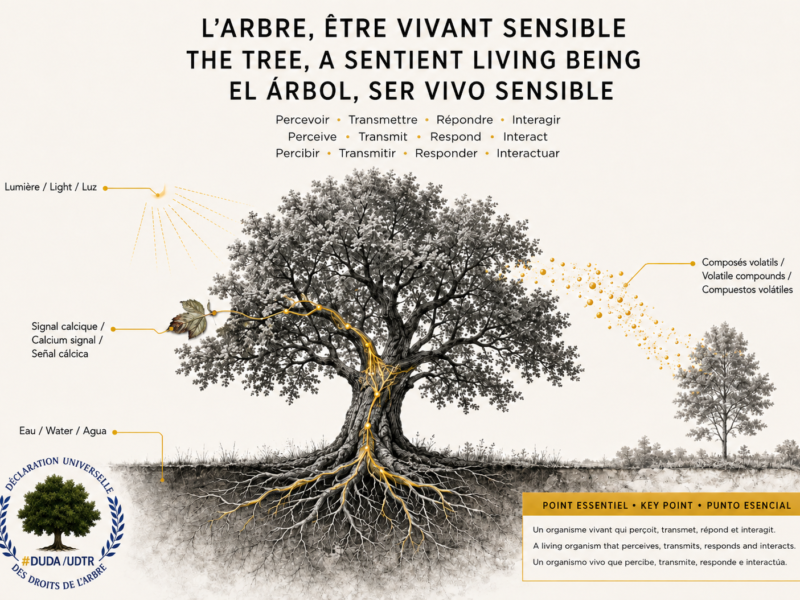 Illustration trilingue d’un arbre montrant la perception de la lumière et de l’eau, la signalisation calcique et les composés volatils, avec le logo de la Déclaration universelle des droits de l’Arbre.
