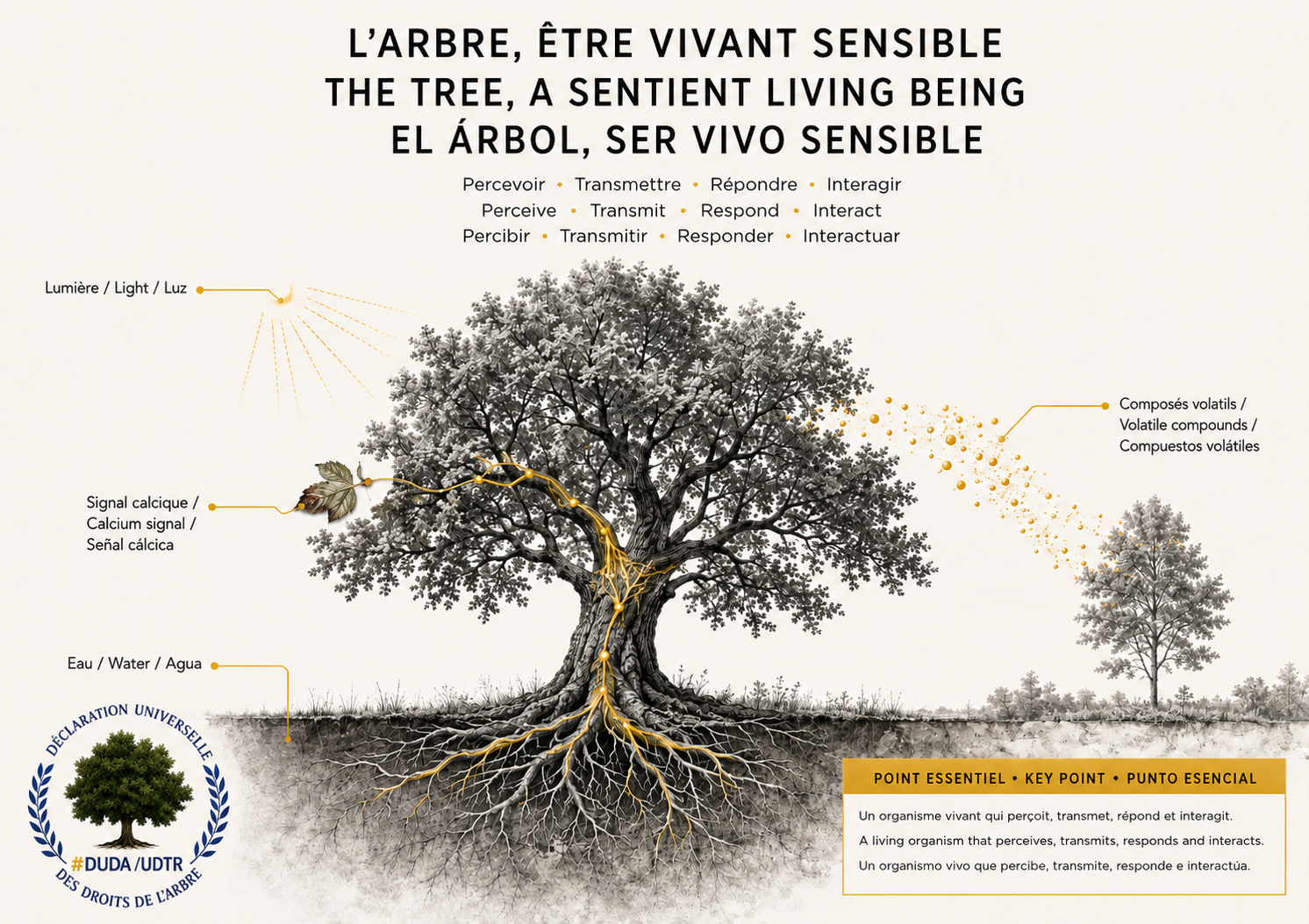 Illustration trilingue d’un arbre montrant la perception de la lumière et de l’eau, la signalisation calcique et les composés volatils, avec le logo de la Déclaration universelle des droits de l’Arbre.