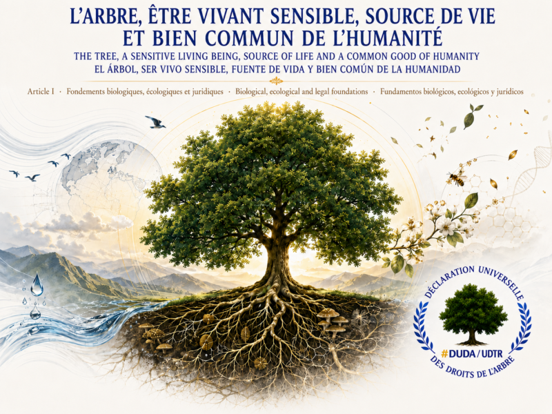 Illustration trilingue de l’article I montrant un grand arbre aux racines visibles, l’eau, la biodiversité et le logo officiel DUDA/UDTR.
