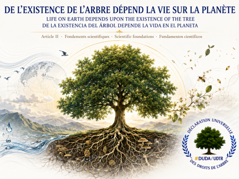 Illustration trilingue de l’article II : un arbre et ses racines relient le climat, l’eau, les sols et la biodiversité, avec le logo officiel DUDA/UDTR.