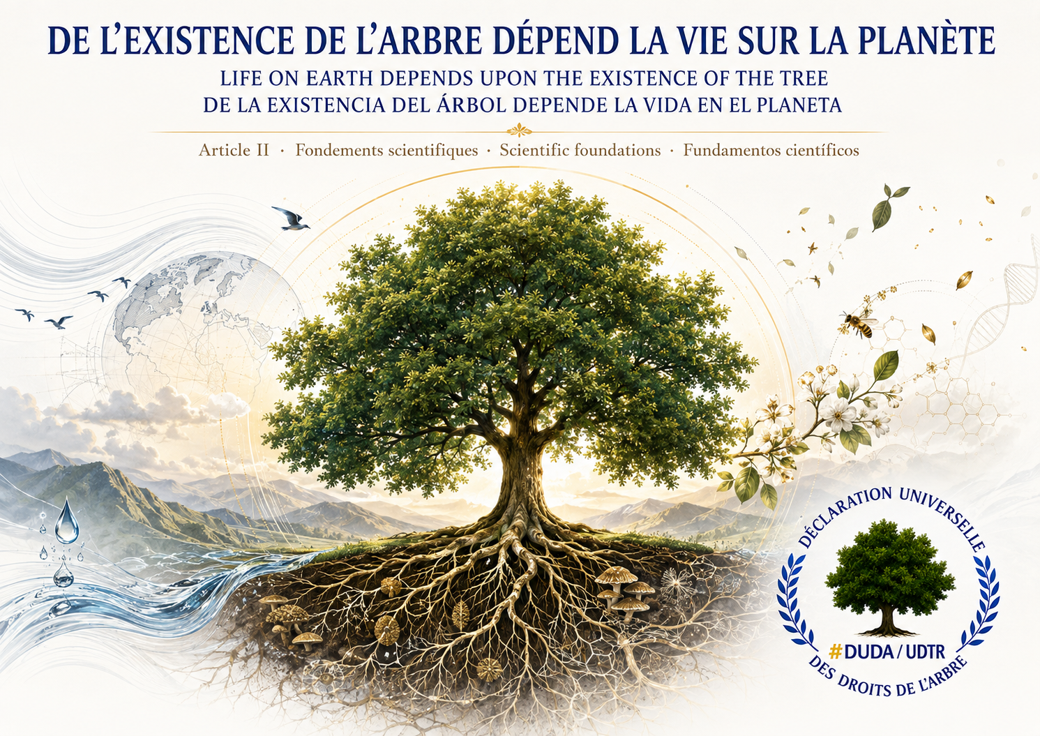 Illustration trilingue de l’article II : un arbre et ses racines relient le climat, l’eau, les sols et la biodiversité, avec le logo officiel DUDA/UDTR.