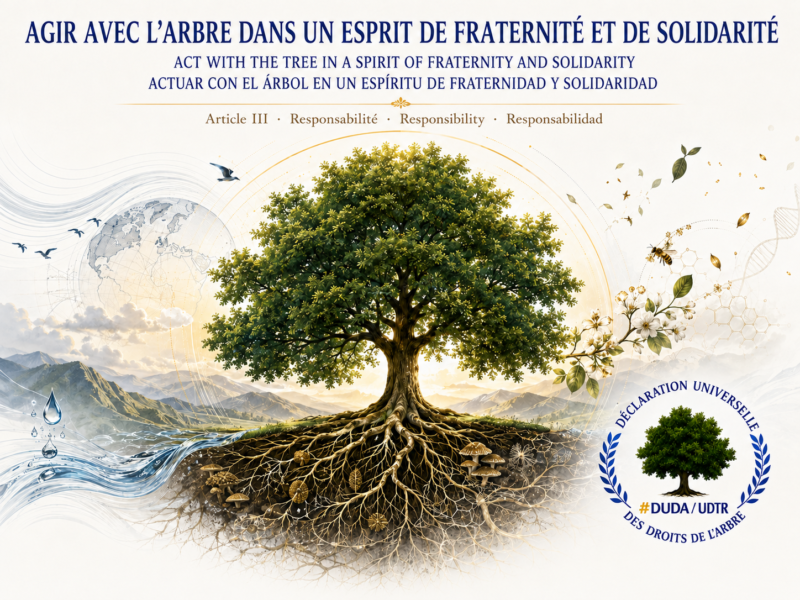 Affiche trilingue de l’article III montrant un grand arbre aux racines visibles, l’eau et la biodiversité, avec le logo officiel DUDA/UDTR.